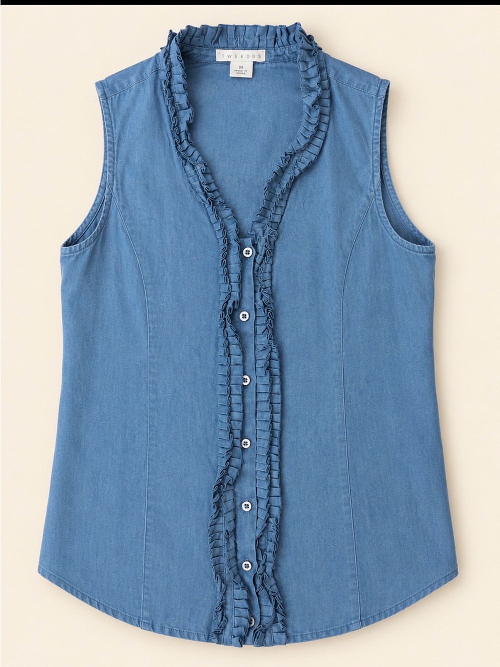 Tweeds Ruffled Linen Sleeveless Button-Down Top - Light Blue